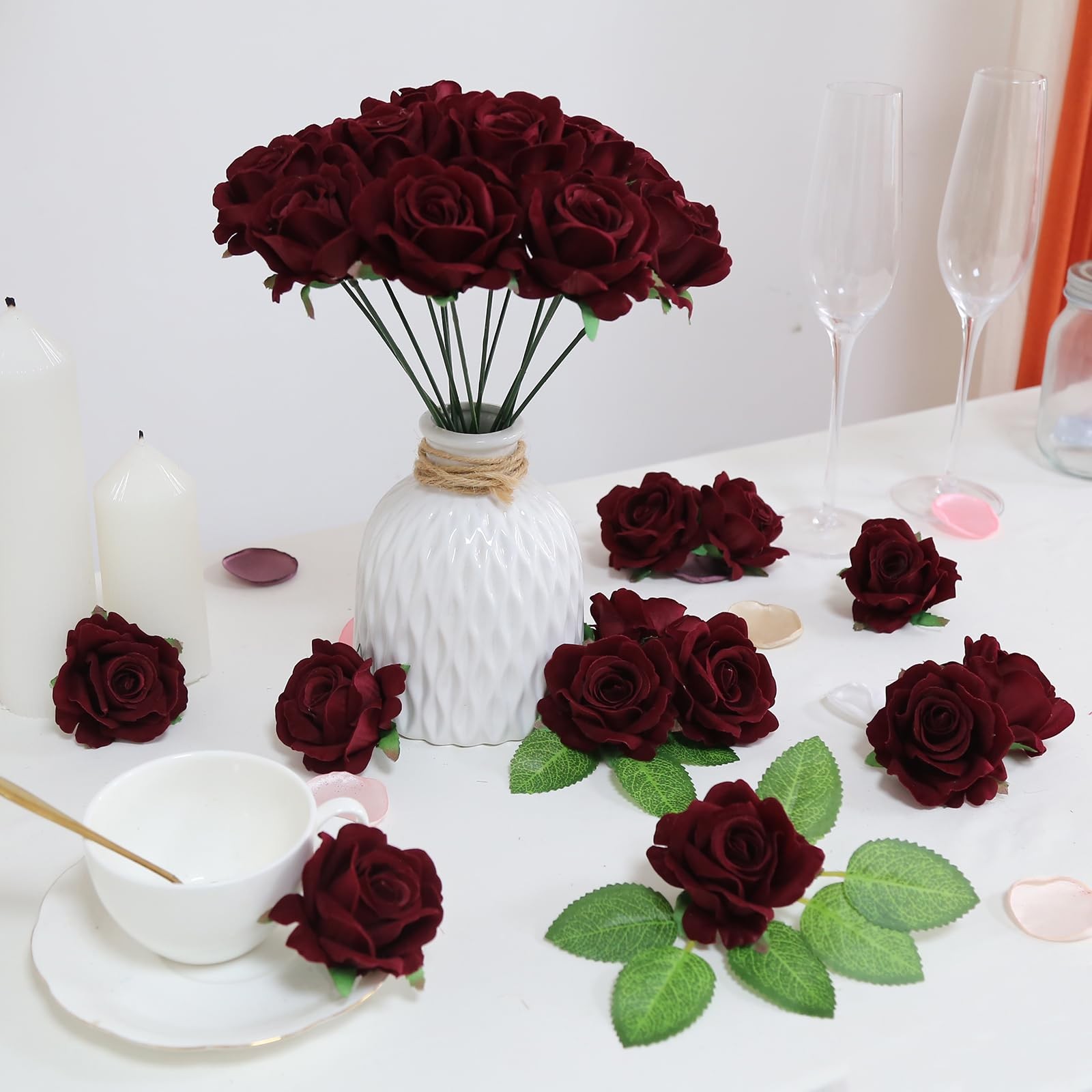 25pcs Burgundy Artificial Roses 2.75in Faux Velvet Roses Flowers Fake Flower …