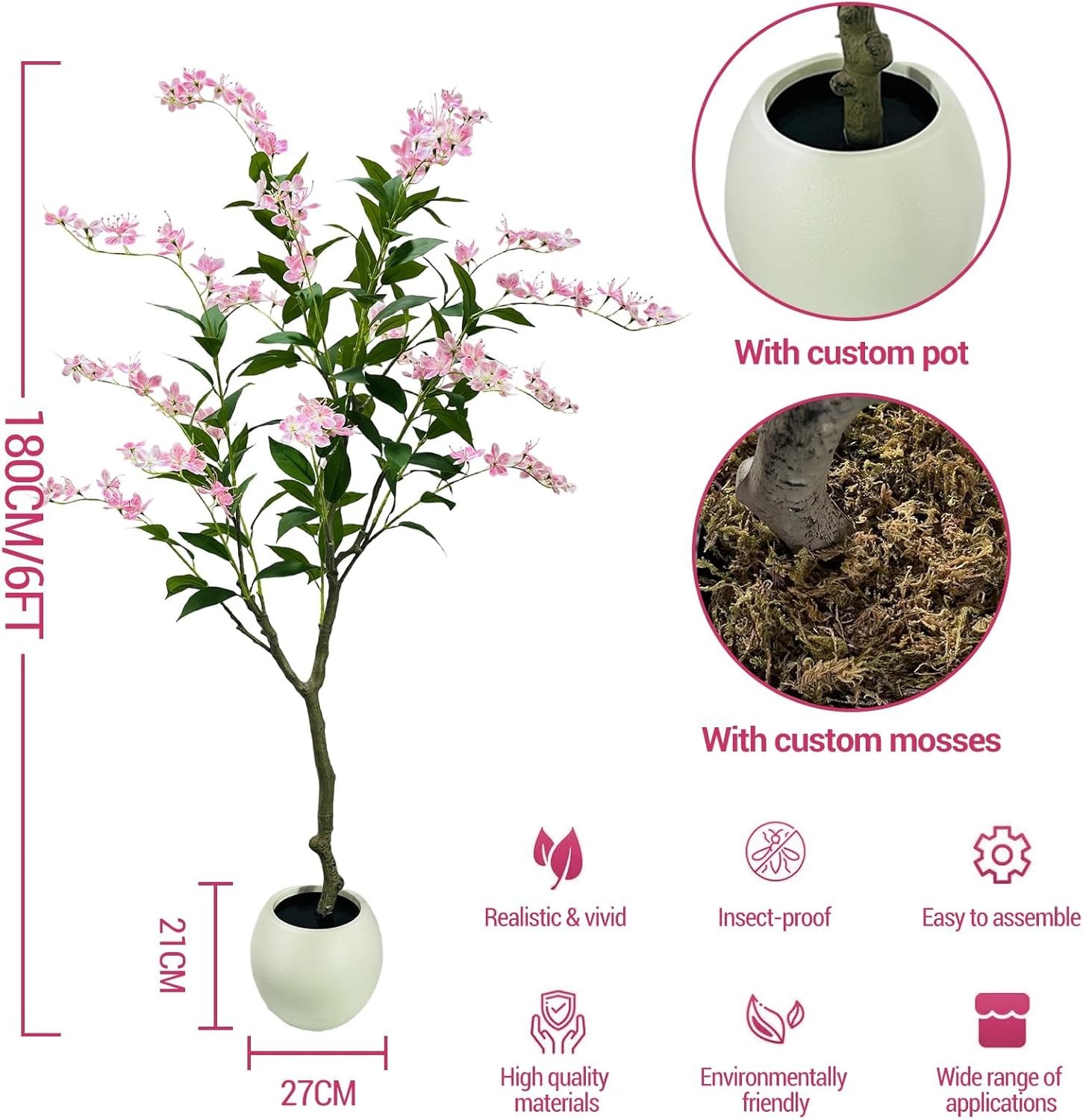 180cm Pink Artificial Faux Flower Tree for Indoor Home Office & Venue Decoration