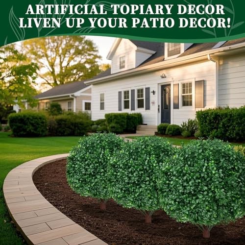 2Pack Artificial Topiary Ball Trees, 16” UV Resistant Fake Evergreen Boxwood