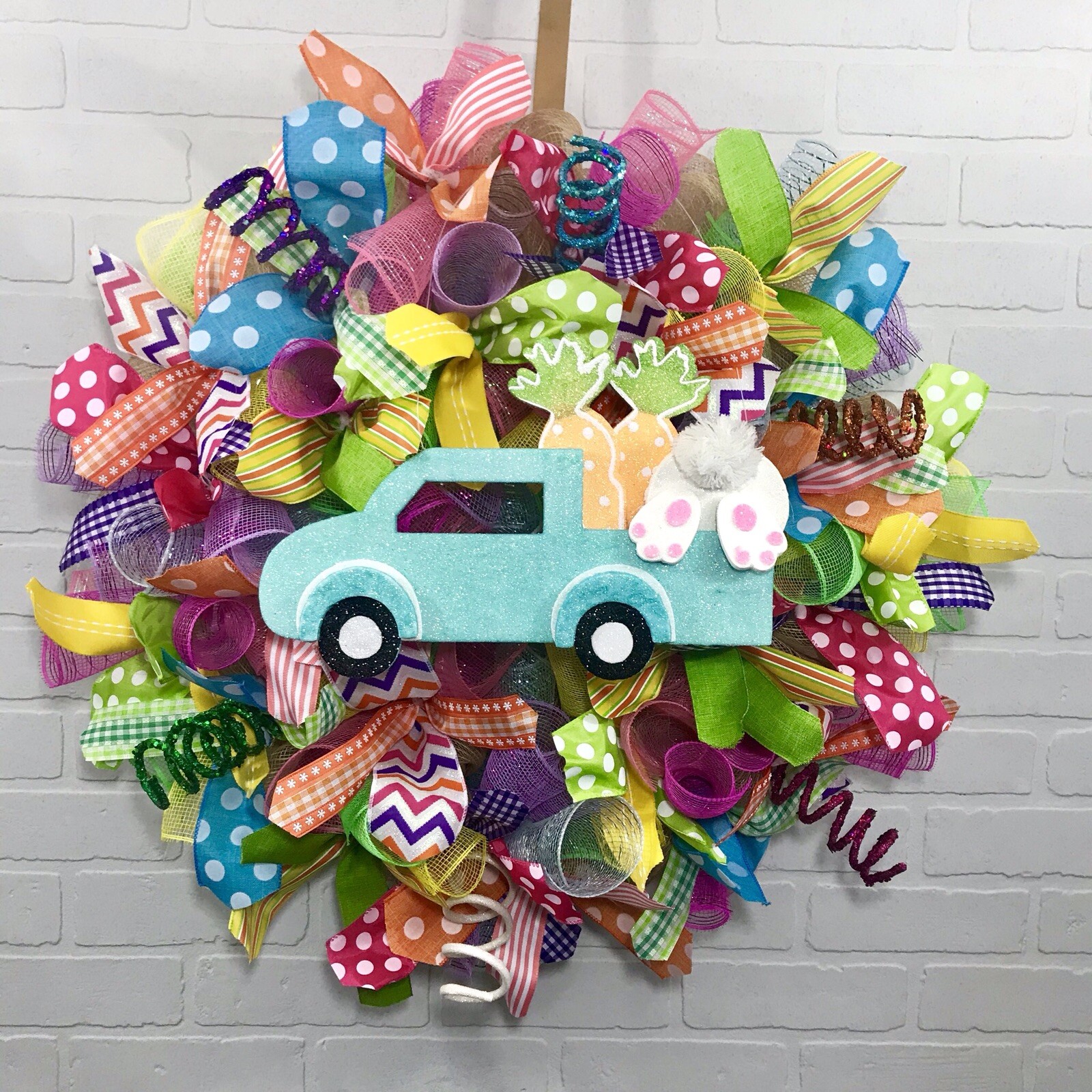 Easter, Spring, Bright, Pink, Blue, Yellow, Fun, Whimsical, Deco Mesh Wreath
