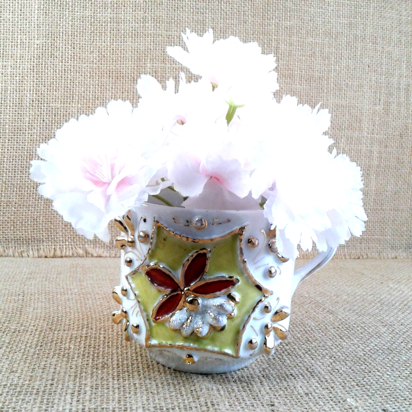 Fluffy Pink Floral Decor Green Gold Mustach Porcelain Cup Chic Country Gift 1460