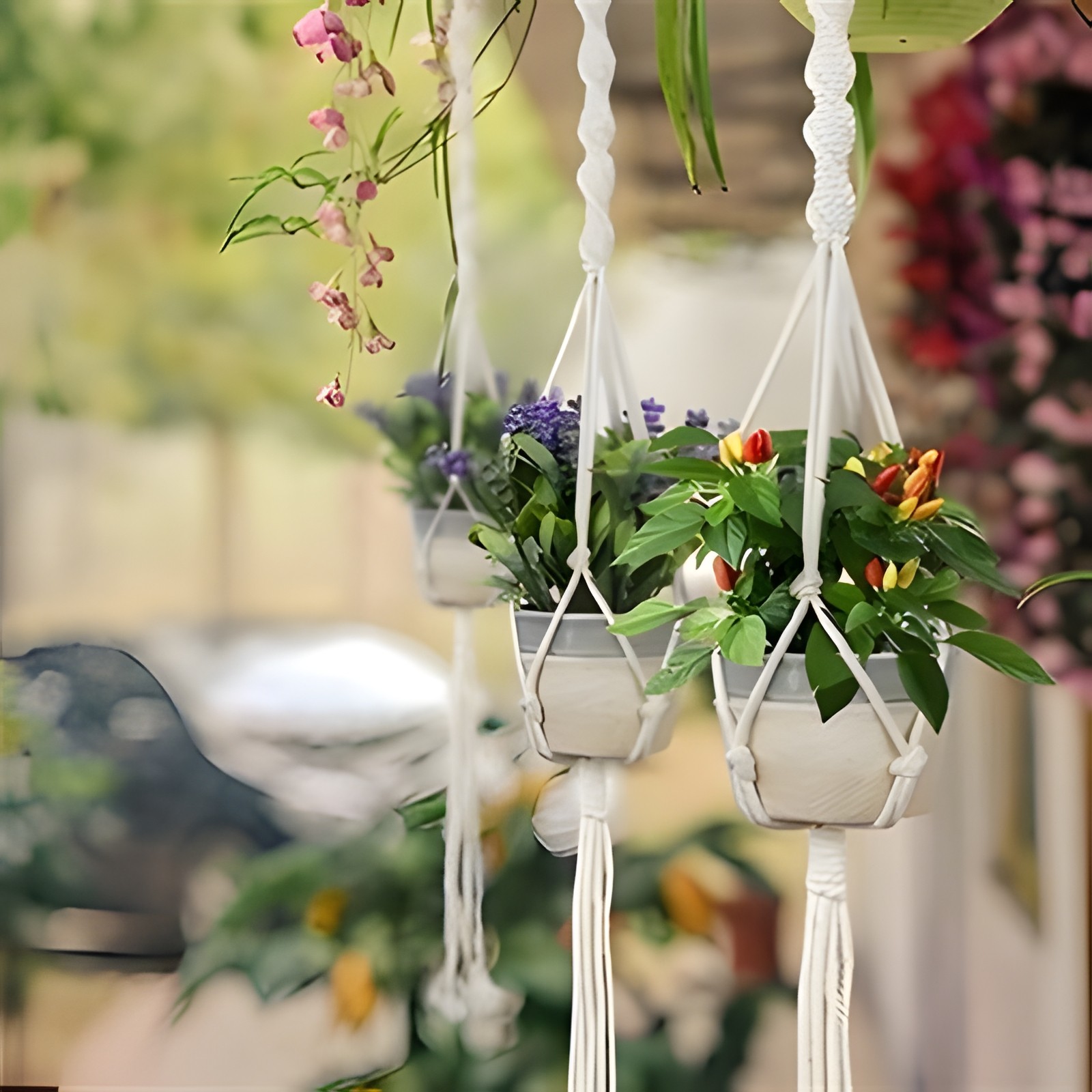 Macrame Plant Hanger 3 Pack with Hooks – Cotton Rope Hanging Planters