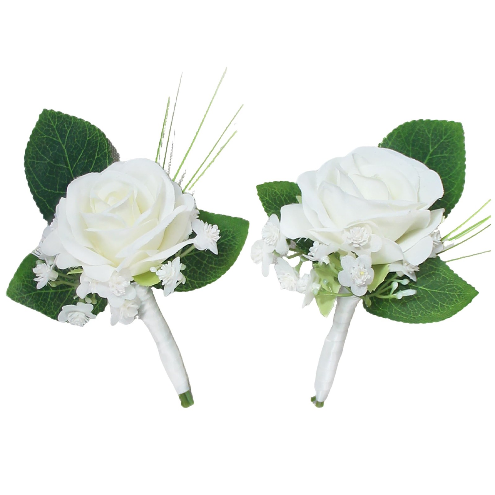 2Pcs White Rose Boutonnieres with Pins for Men, Groom, Groomsmen