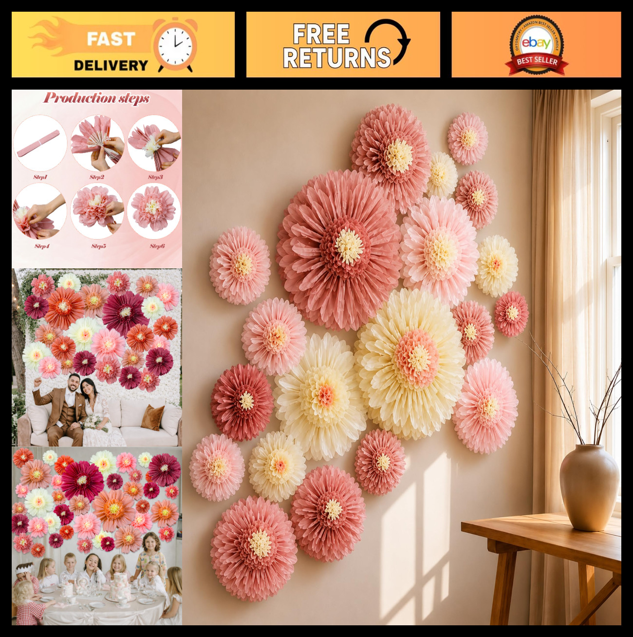 20 Pcs Pink Giant Paper Flowers – Boho Tissue Pom Poms for Wedding, Party Decor