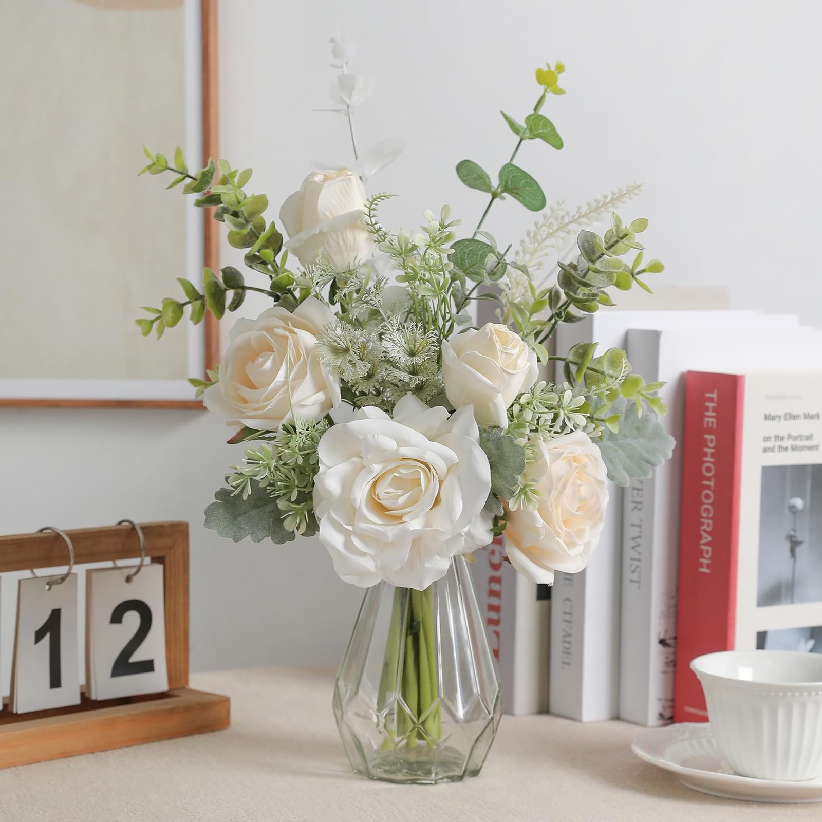 White Silk Roses Eucalyptus In Vase Artificial Flower Arrangement Home Decor