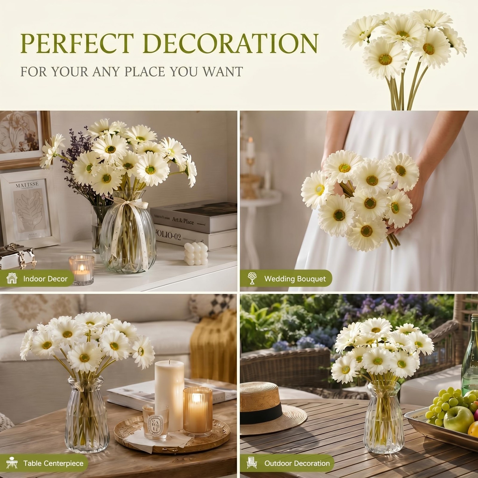 24 Pcs Artificial Gerbera Daisies Flowers 15 in White Fake Daisy Bouquet with…