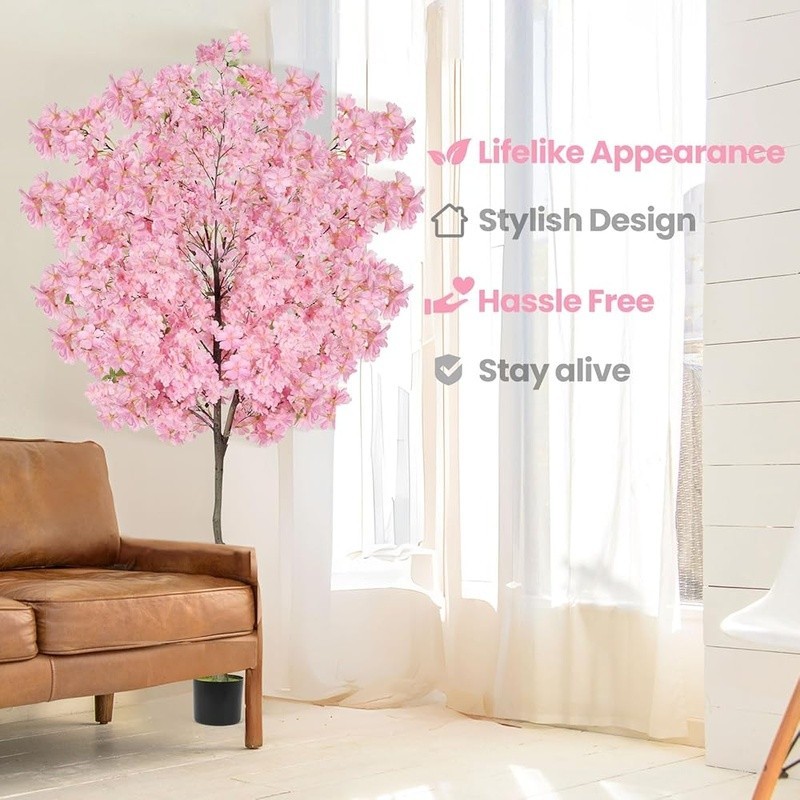 6Ft Cherry Blossom Artificial Tree Fake Pink Cherry Blossom Decorative Plant