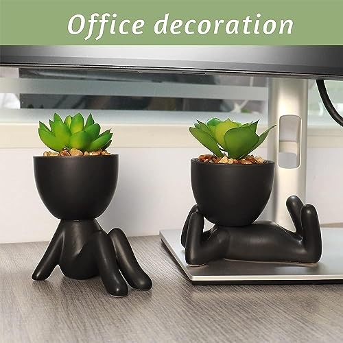 3 PCS Cute Artificial Succulent Plants with Creative Human Shaped Pots, Black