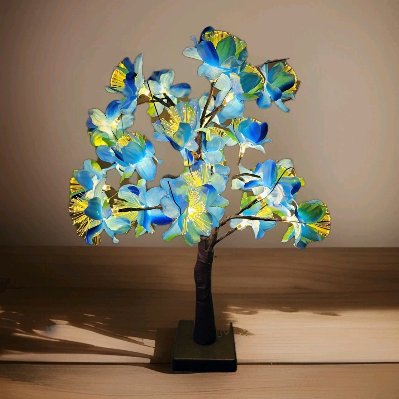 LED Tabletop Bonsai Tree Light Features Artificial Blue Blossoms Battery Operate