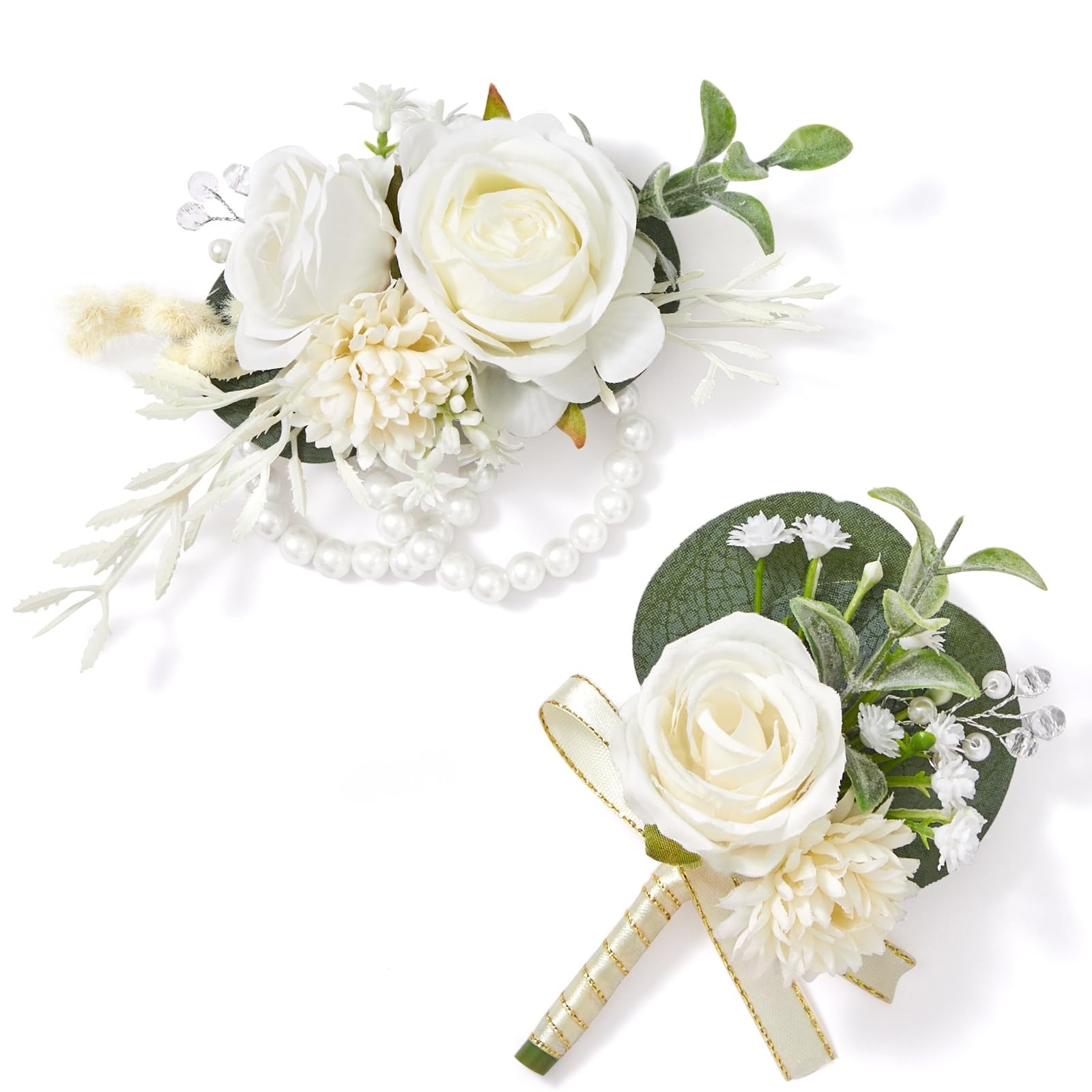 White Rose Wrist Corsage Boutonniere Set Prom Homecoming Wedding Party Decor