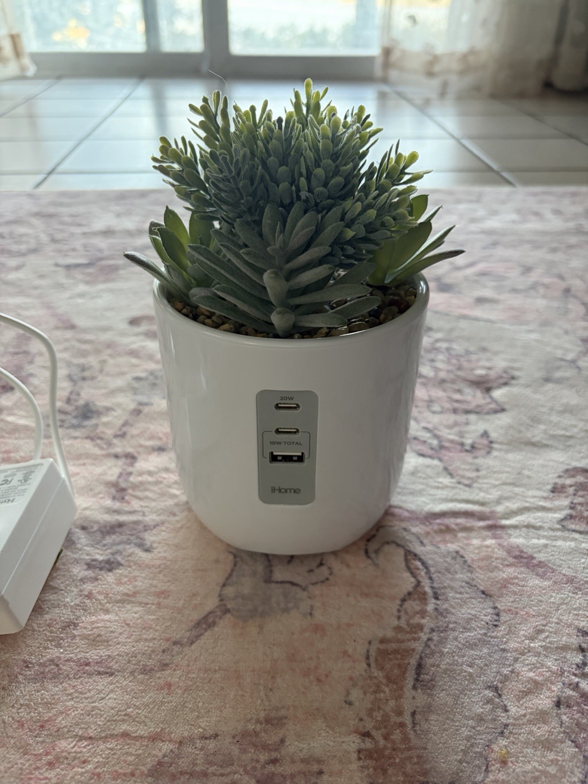 iHome Artificial Succulent Planter, White/Green, USB Charging Station