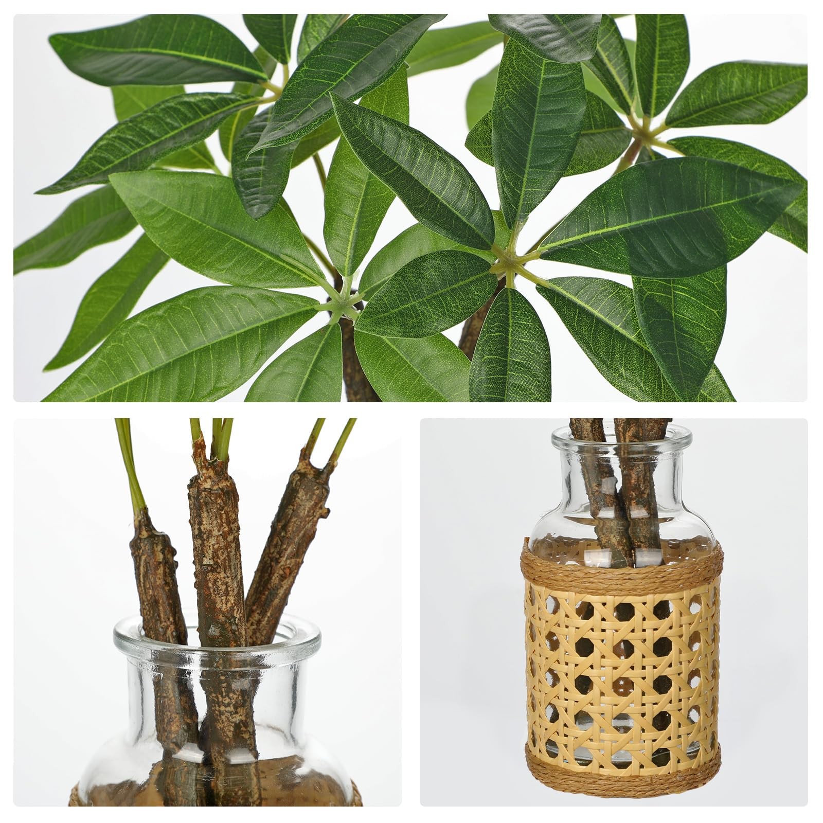 Fake Money Tree Leaves Stems in Woven Glass Vase with Faux Water 11.8″ Artifi…