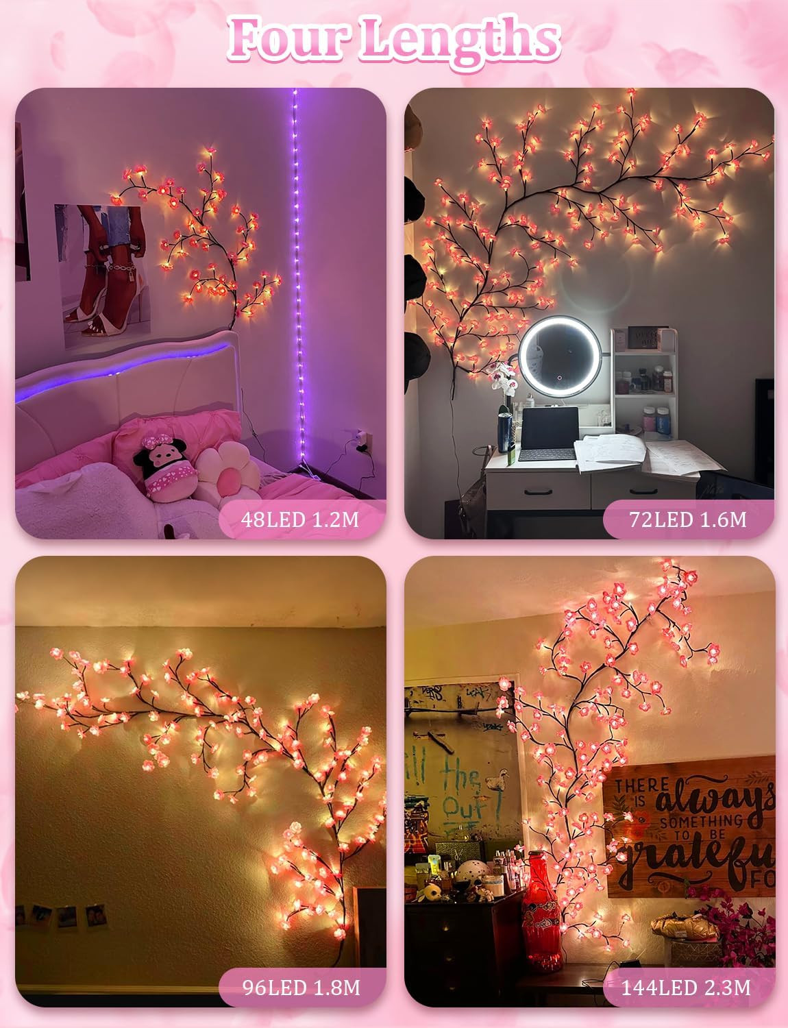 4 FT Cherry Blossom LED Lights with Remote, 8 Modes for Aesthetic Room Decor