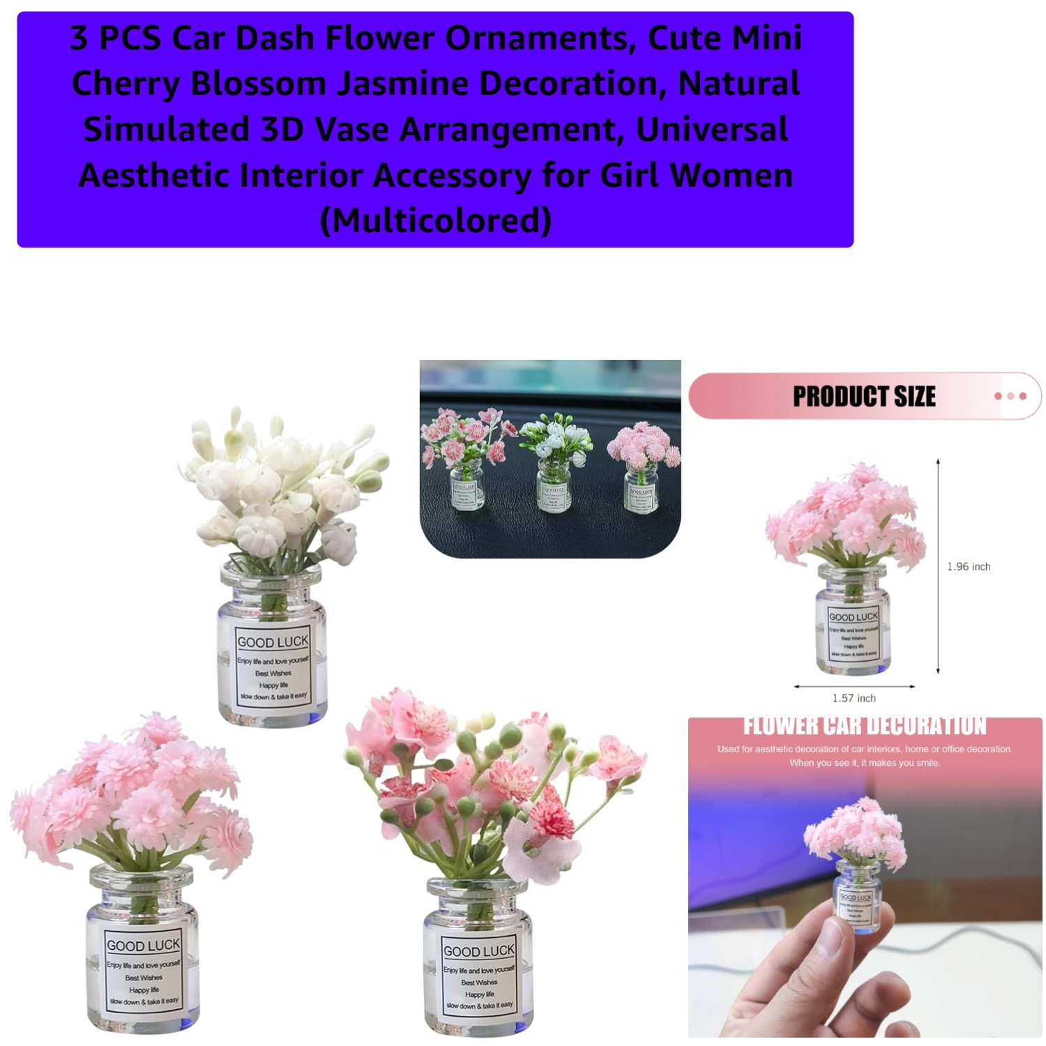 3 PCS Car Dash Flower Ornaments, Cute Mini Cherry Blossom Jasmine Decoration,…