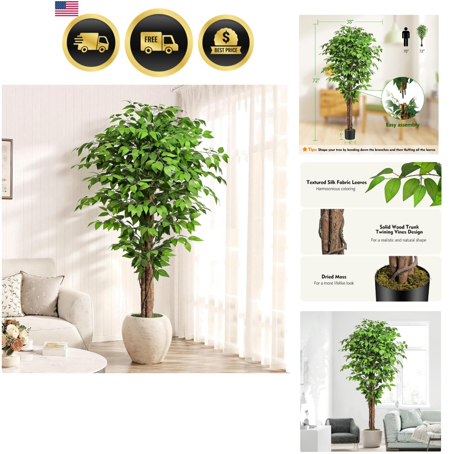 6.2ft Ficus Artificial Trees with 3 Natural Curved Trunks, 74″ Tall Lush Faux…