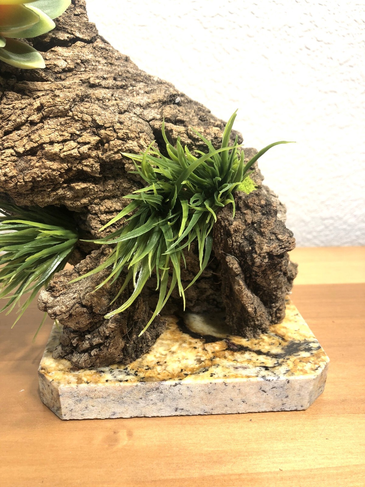 Artificial Succulent Air Plant Home Office Mounted on Real Wood Bark and Stone