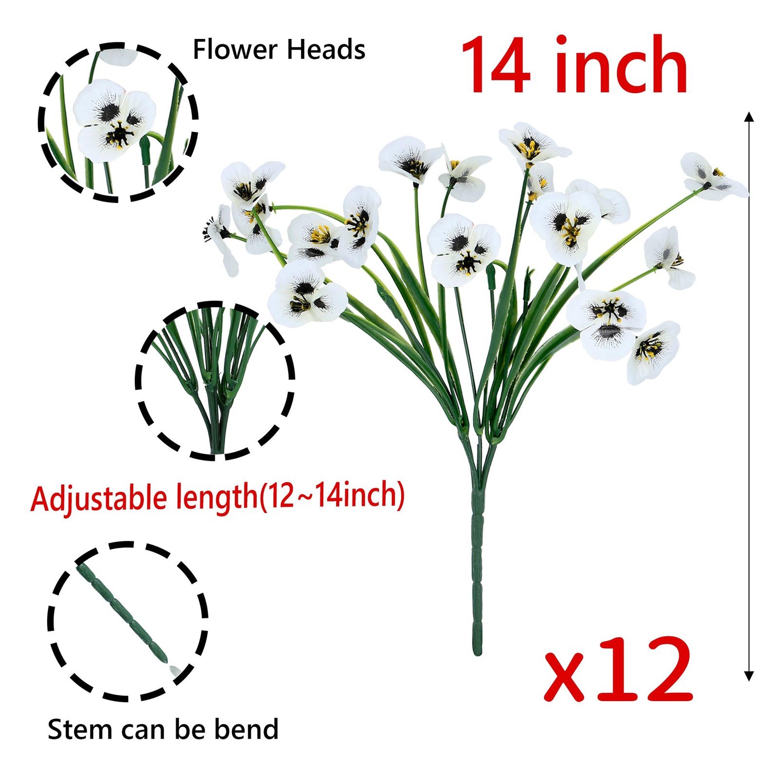 12 Bundles White Artificial Flowers Outdoor Pansy Fake Flower Plastic UV Resi…