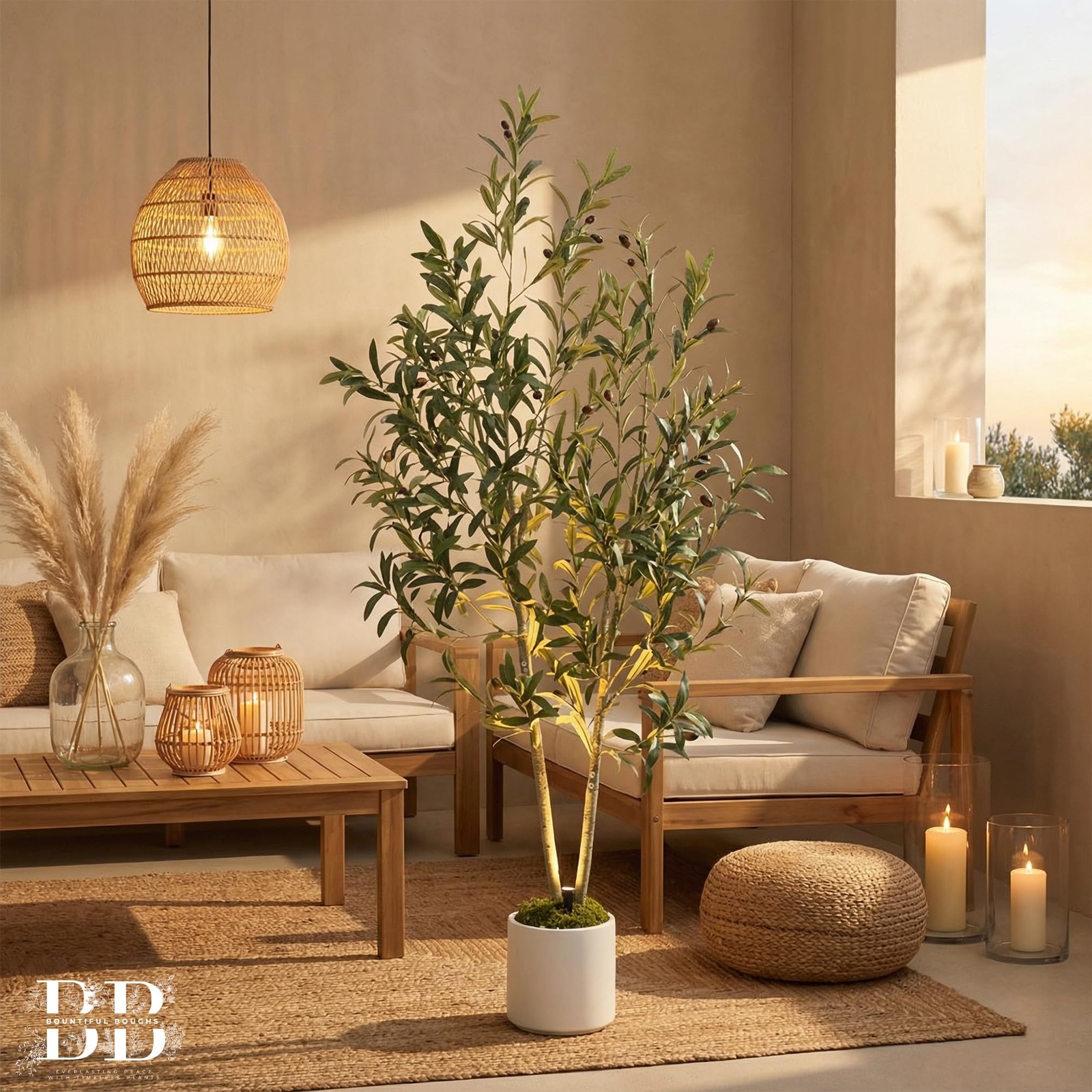 5ft (150 cm) Artificial Olive Tree with White Pot, Moss & USB LED – 711 Leave…