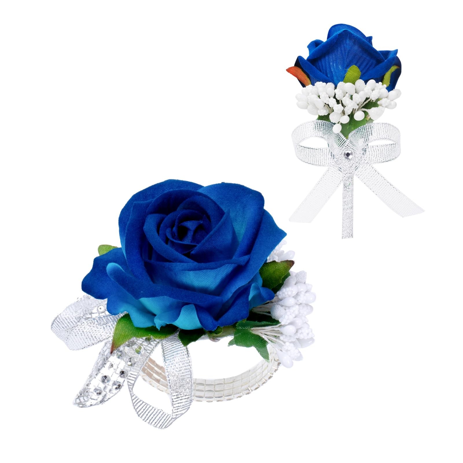2 PCS Blue Rose Corsage & Boutonniere Set Wristlet Mens Prom Wedding Decor