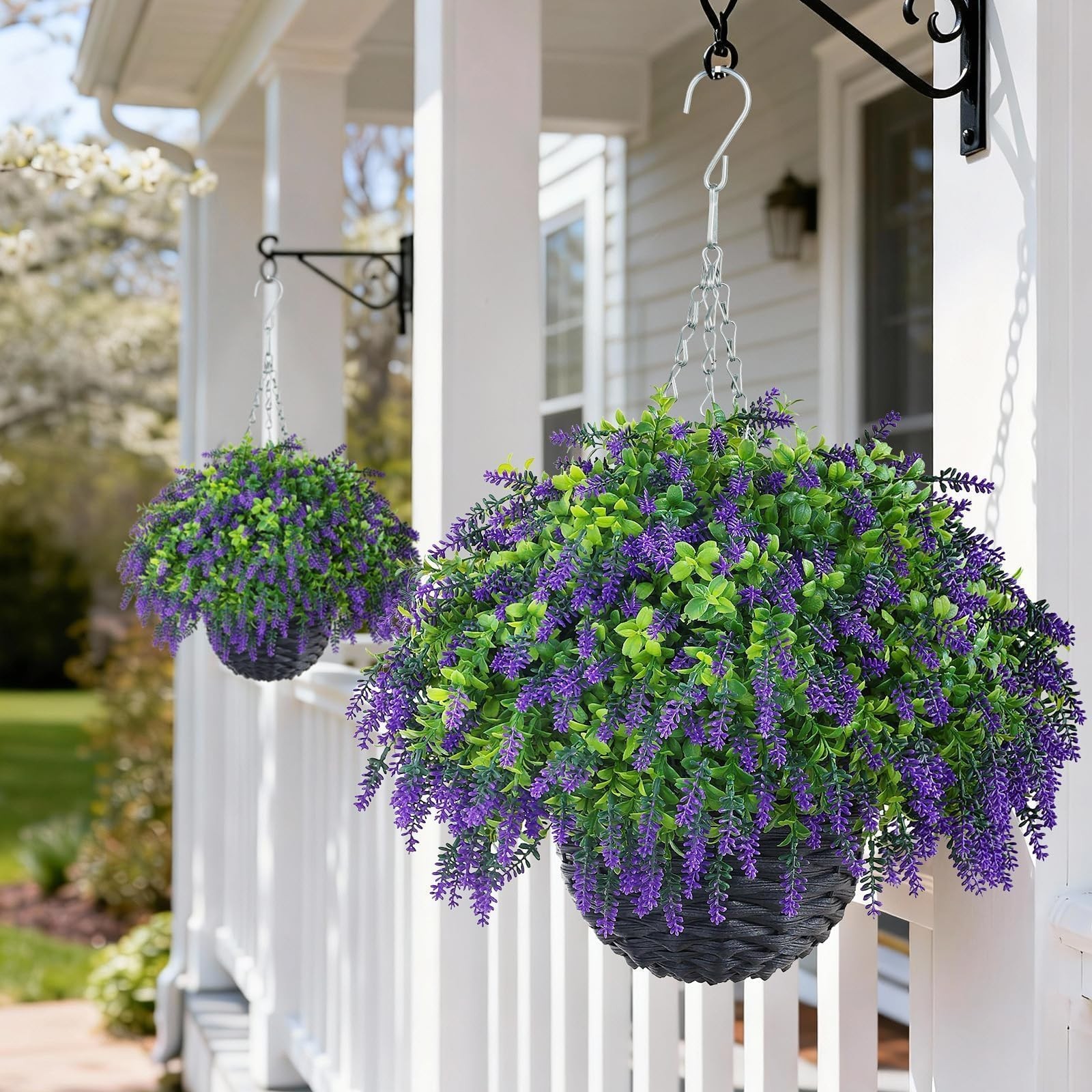 Artificial Lavender and Boxwood Hanging Basket – 2 Set for Outdoor Decoration…