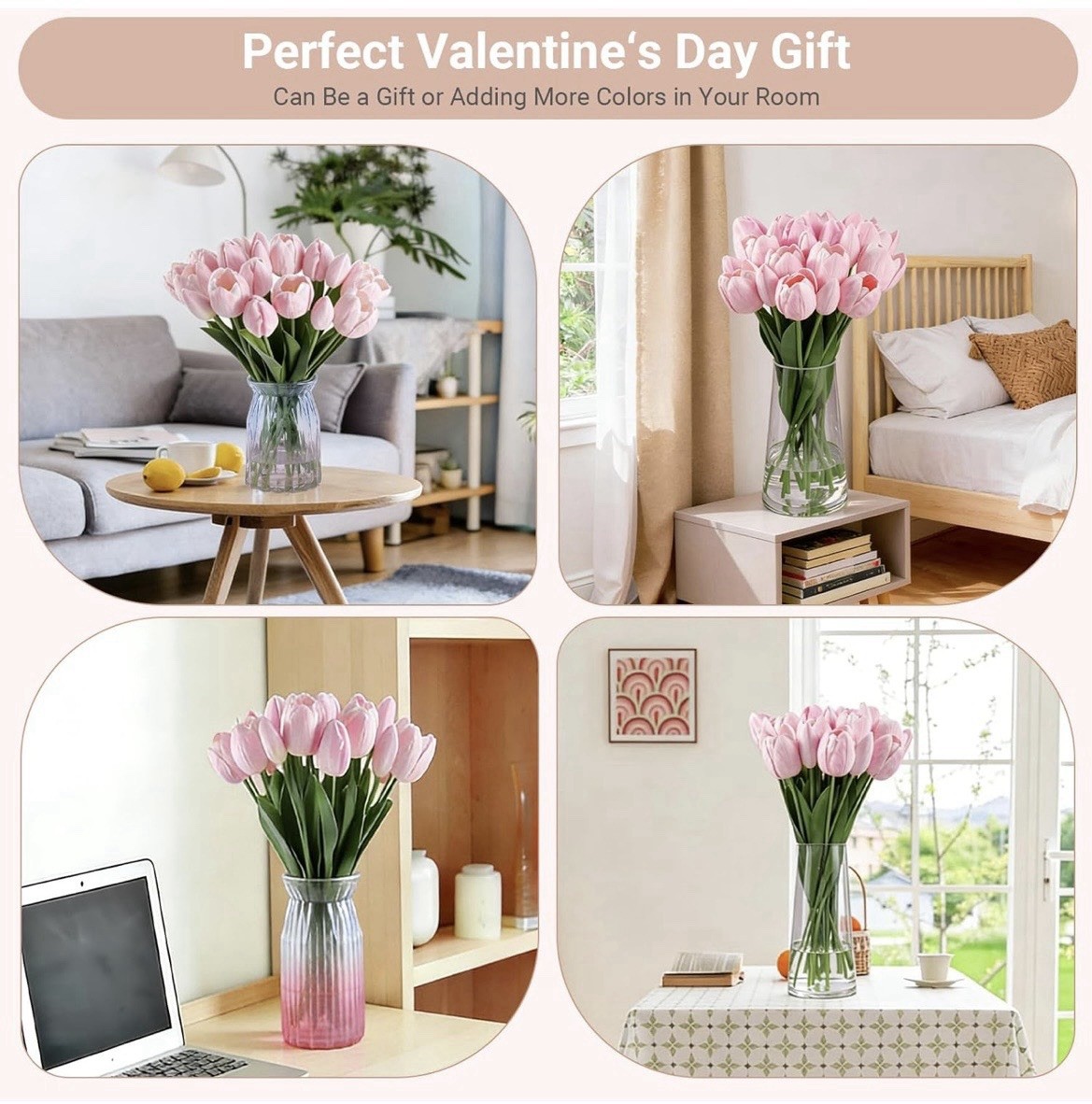 16in Artificial Pink Tulip Flower Bouquet Bunch w/ Wire Stems Fabric Plastic