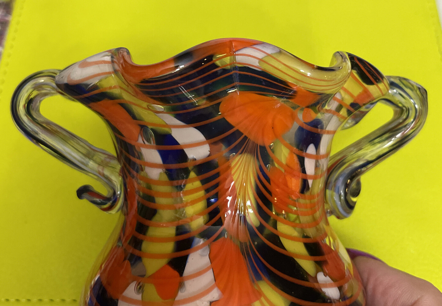 Vintage Double Handled Confetti Murano Vase Lavorazione Hand Blown Made in Italy