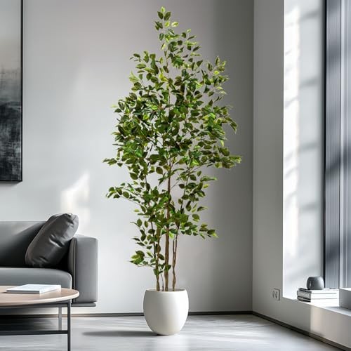 Artificial Ficus Tree 7ft Tall Potted Faux Plant Realistic Silk Leaves Indoor