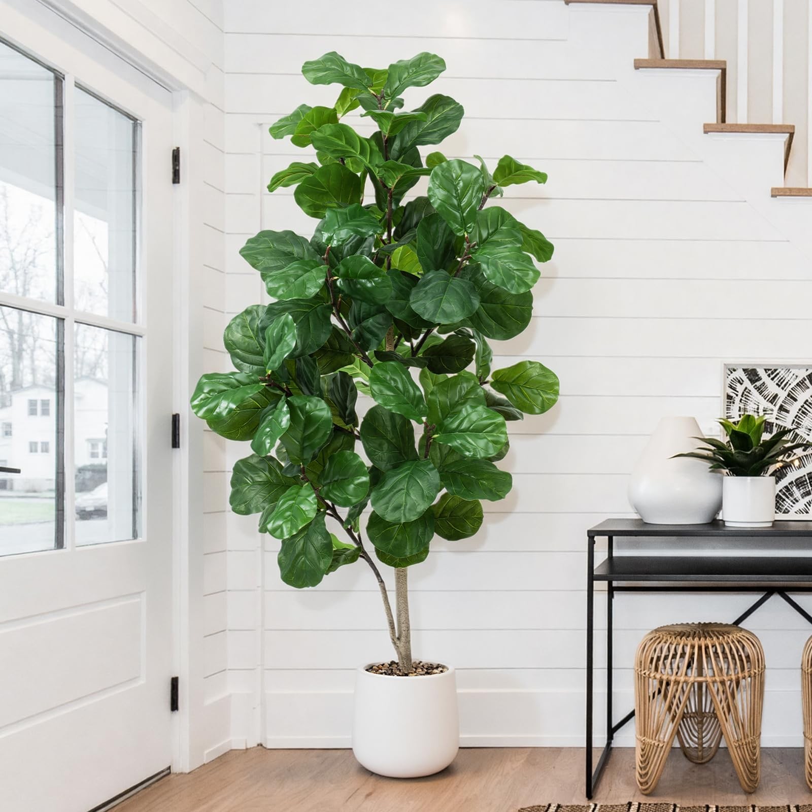 Faux Fiddle Leaf Fig Tree 6ft Tall Indoor Fake Tree in White Pot with 106 Lea…