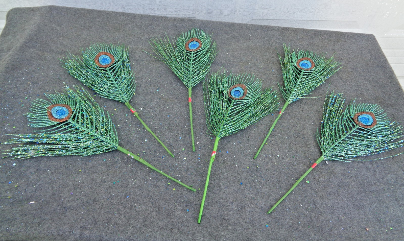 6- Green Glittered Peacock Feather Stems Floral Picks 14″