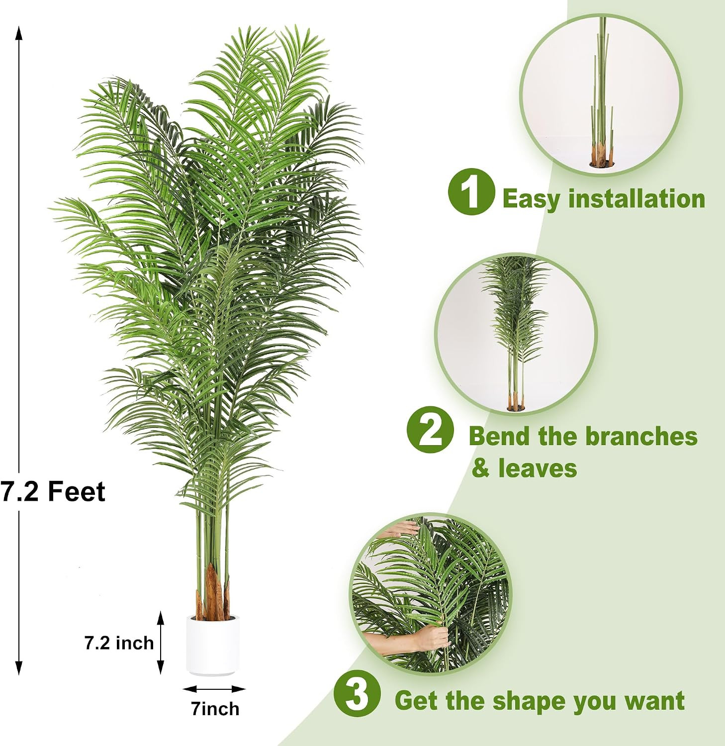 Artificial Palm Tree 7.2Ft Tall Fake Potted Plant Faux Silk Green Floor Decorati