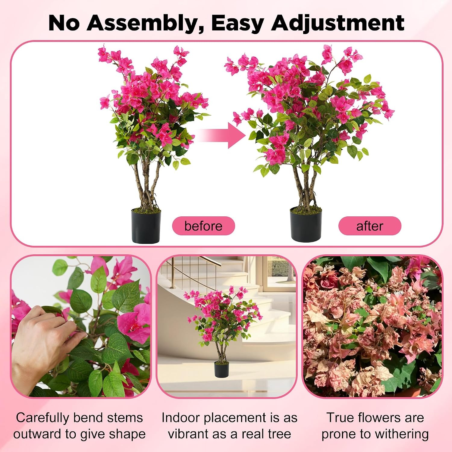 2 Pack Artificial Bougainvillea Tree, 3FT Small Fake Flowering Plant with Pink