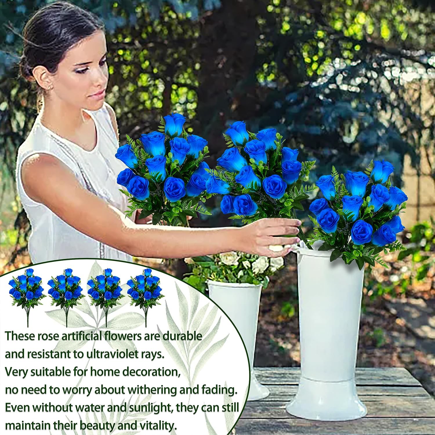 Artificial Rose Flowers Bouquet 4 PCS, Realistic Silk Blue Wedding Cemetery