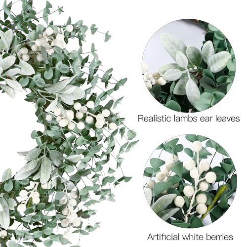 Artificial Greenery Leaves Wreath for Front Door 22 Inch Greenery Lambs Ear