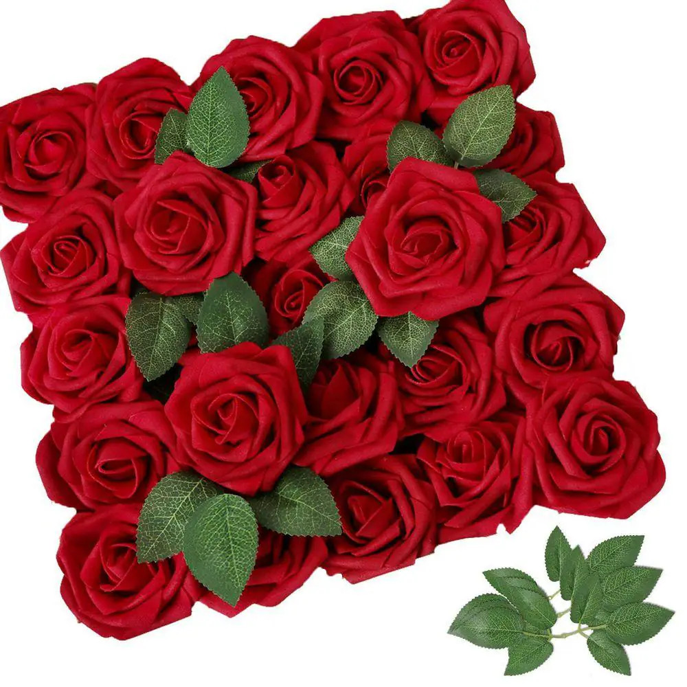 Dark Red 9.84 In. Artificial Rose Stem 25-Piece for DIY Wedding Bouquets Centerp