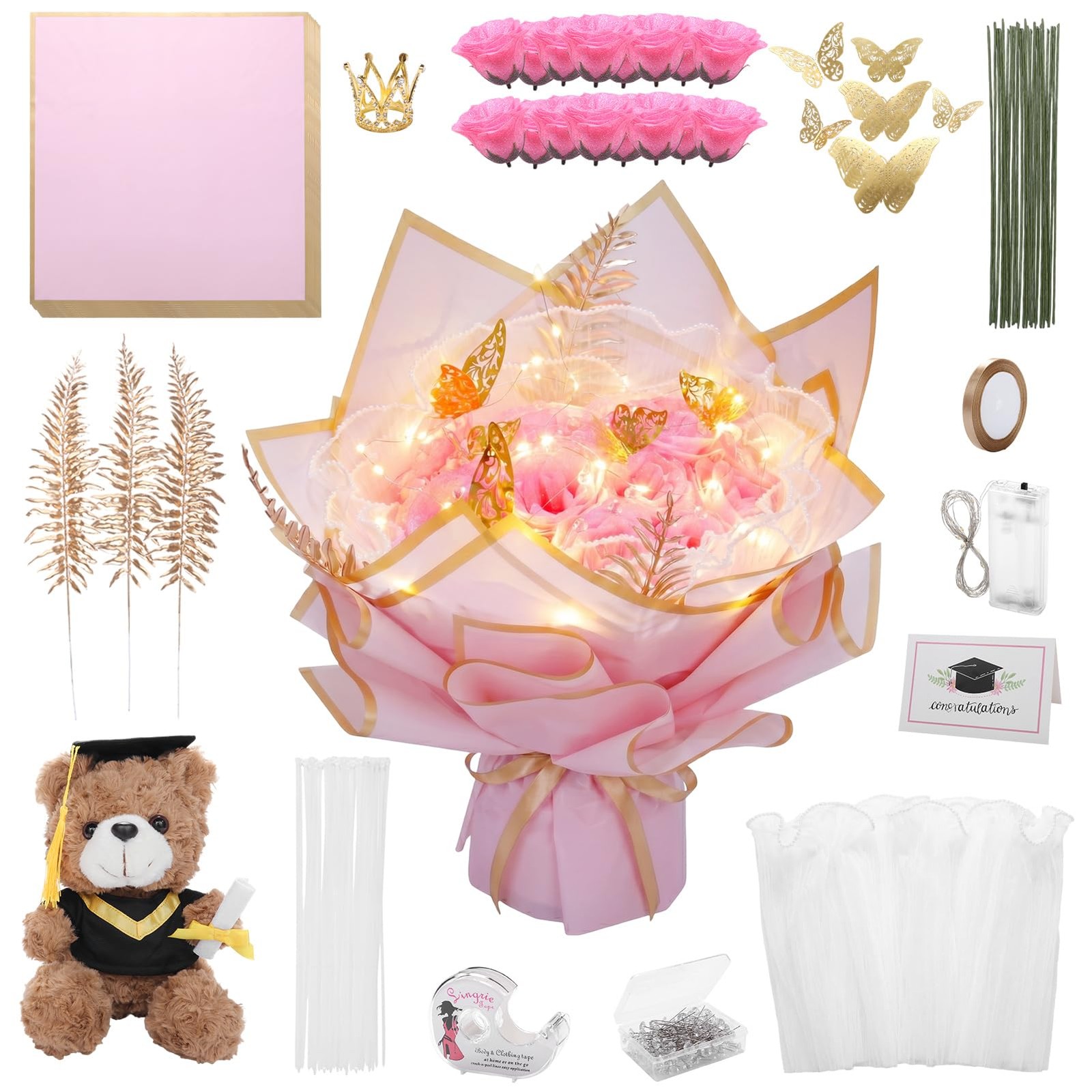Graduation Flower Bouquet Set DIY Graduation Gifts with Bear Glitter Roses De…