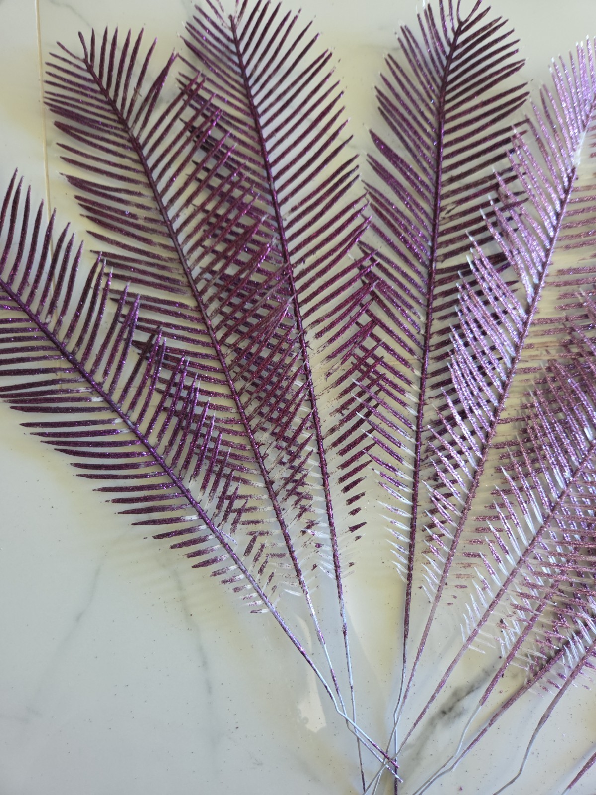 14 Pieces Purple Glittered Retro Plastic Forrest Fern, Size 15″