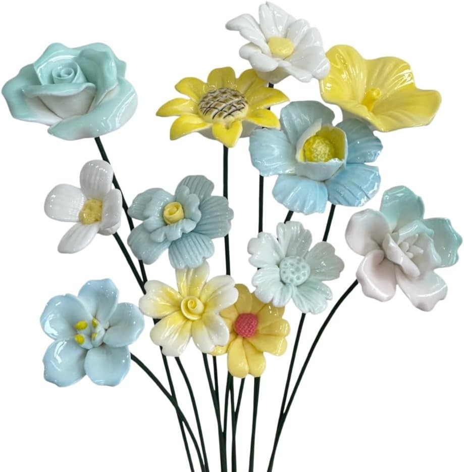 12 Pcs Handmade Ceramic Flowers Decor,Porcelain Flower Plant stakes for Outdo…