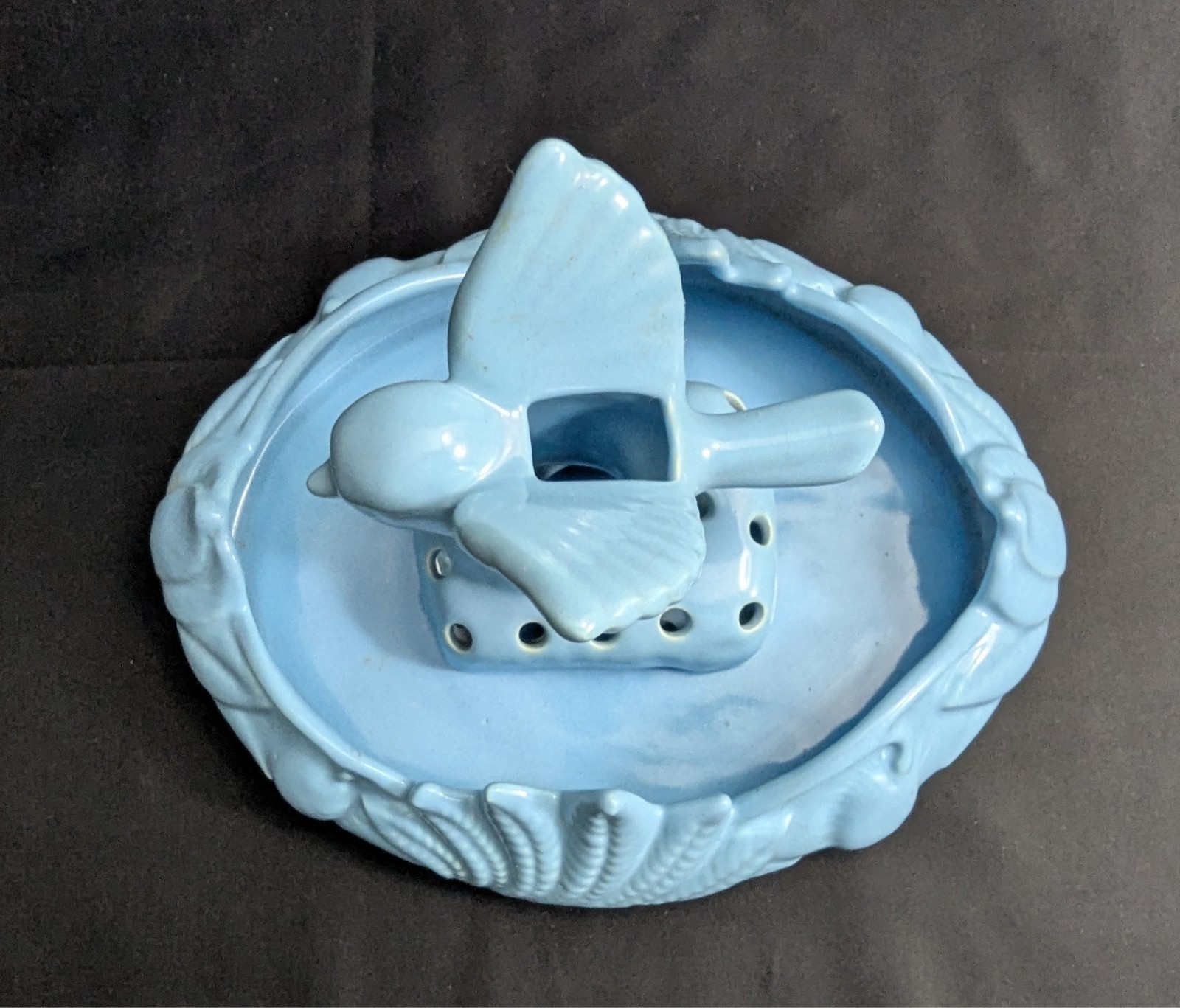 Vtg Camark Art Pottery Blue Shallow Bowl Planter & Bird Flower Frog Set (S4)