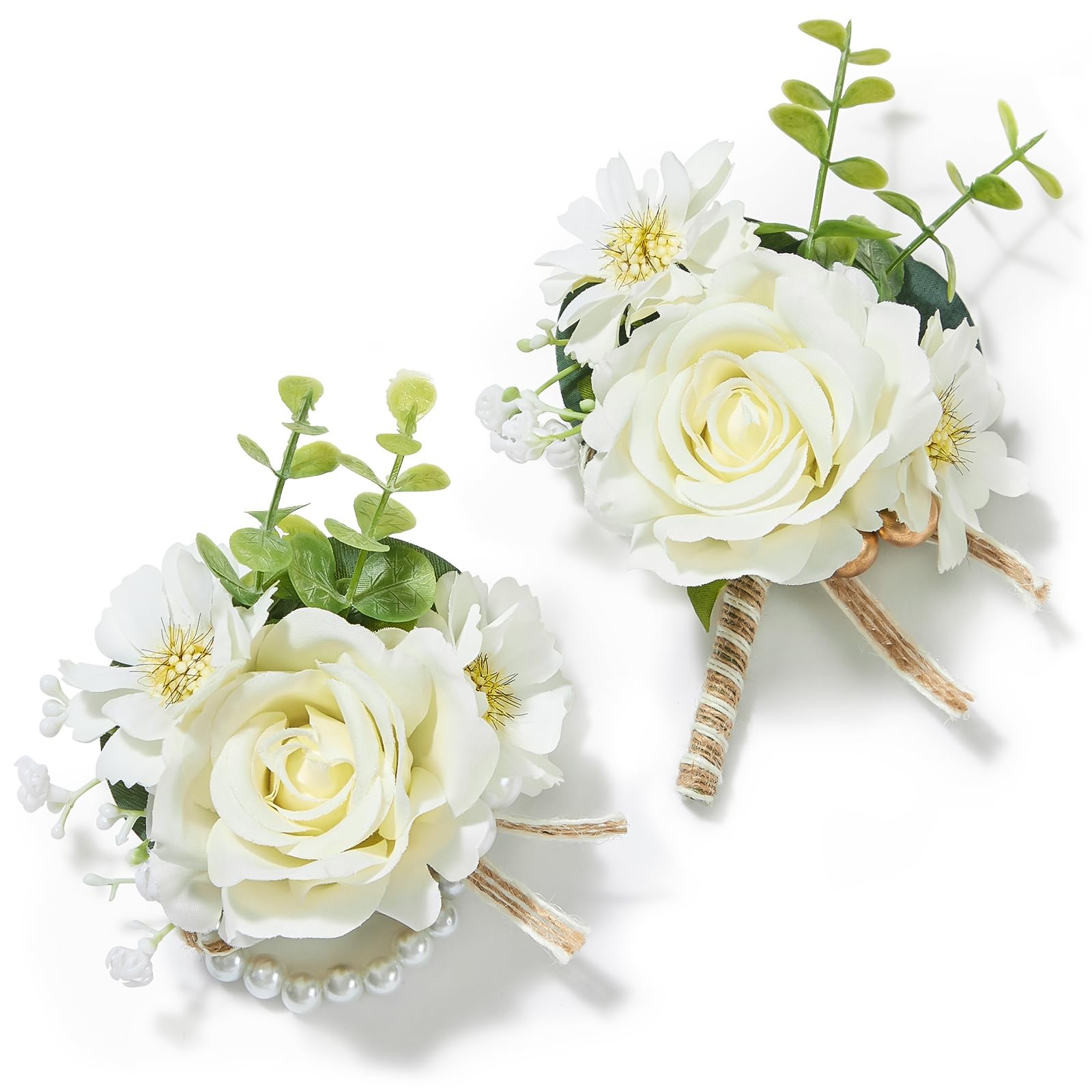 Ivory Rose Corsage & Boutonniere Set Wristlet Mens Wedding Prom Homecoming