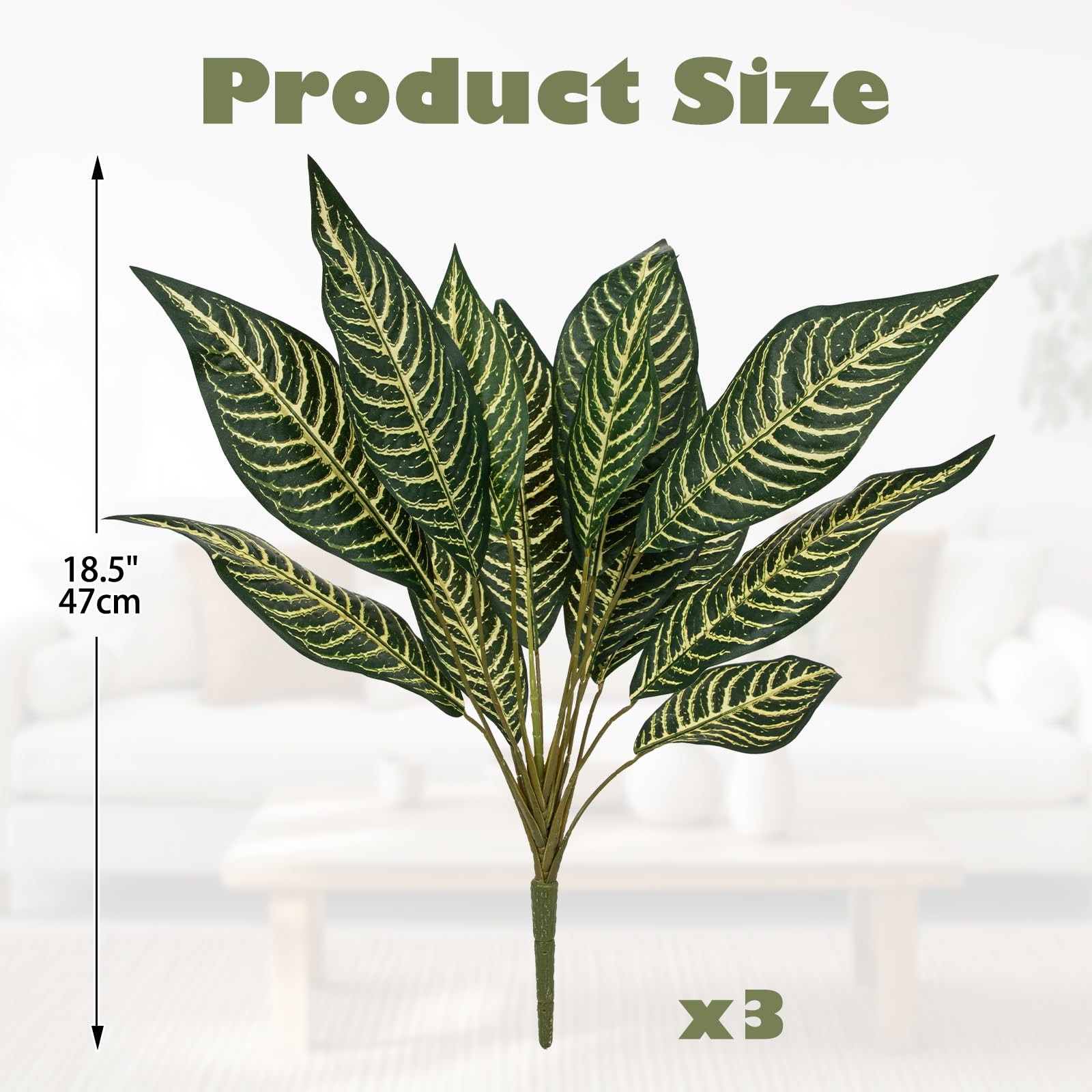 Artificial Plant Stems Zebra Leaves – 3 Pcs Fake Zebra Plant Brunches 18.5″ F…