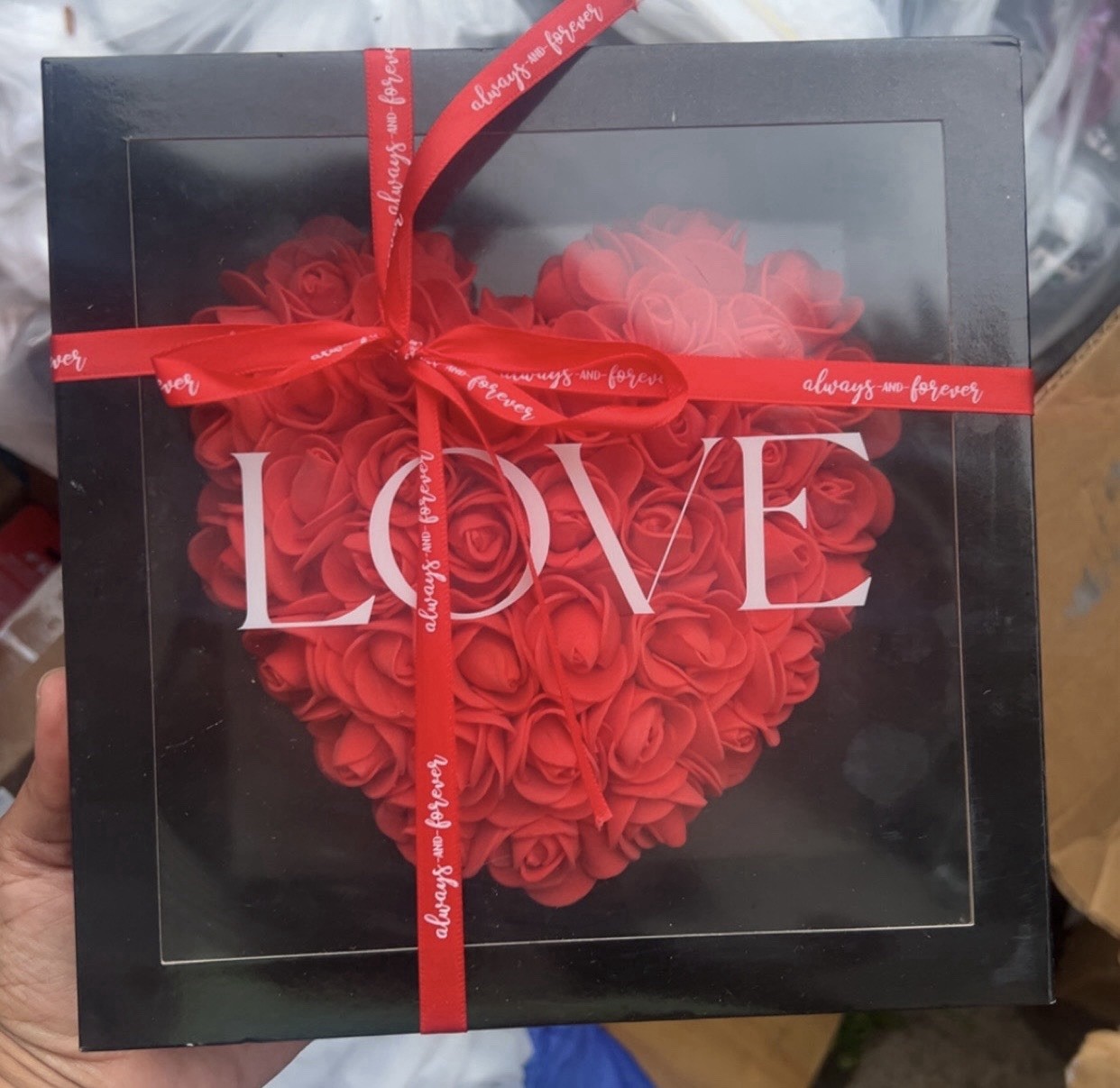 Artificial Red Rose Heart Flower Box Wall Decor, Black Box, Valentine’s
