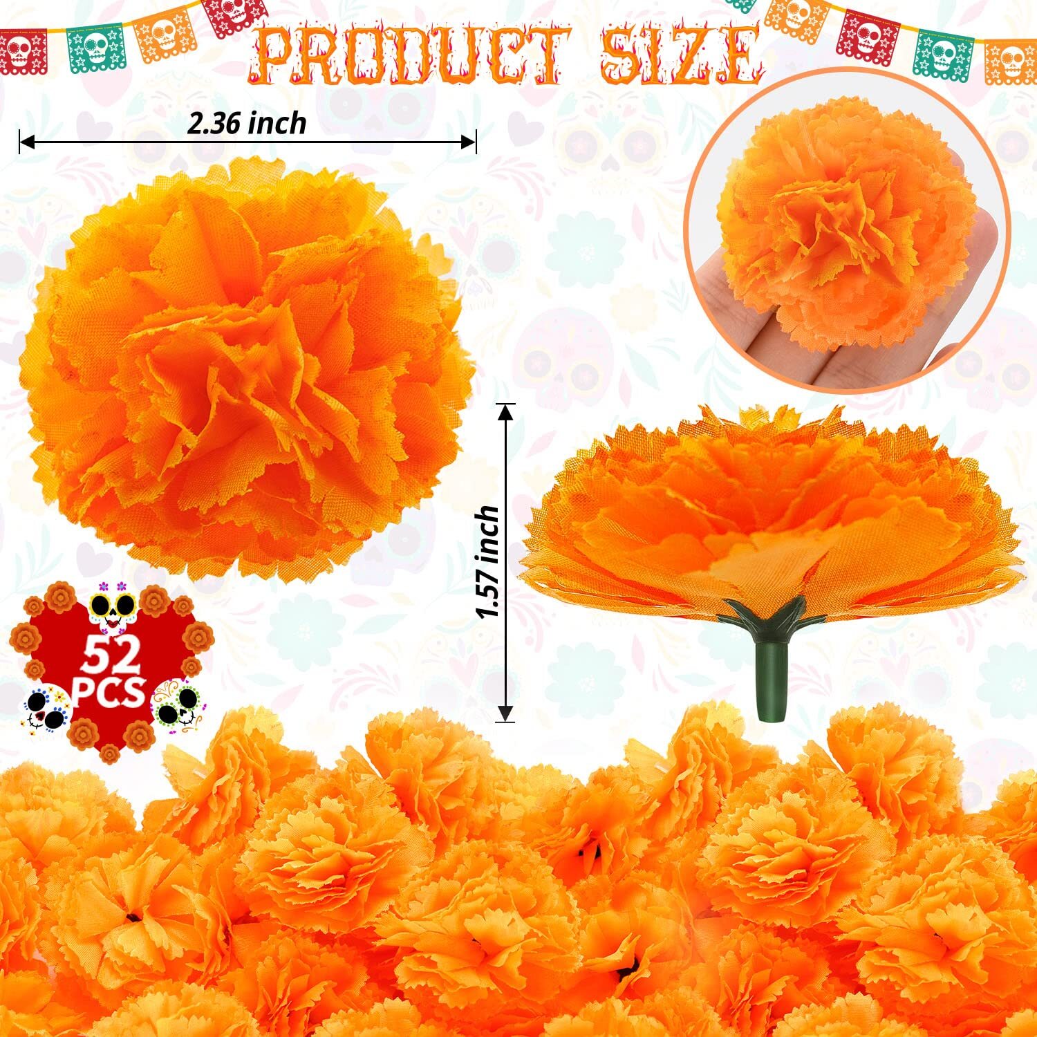 50 Pcs Marigold Flower Heads Artificial Flowers Day of The Dead Halloween Party