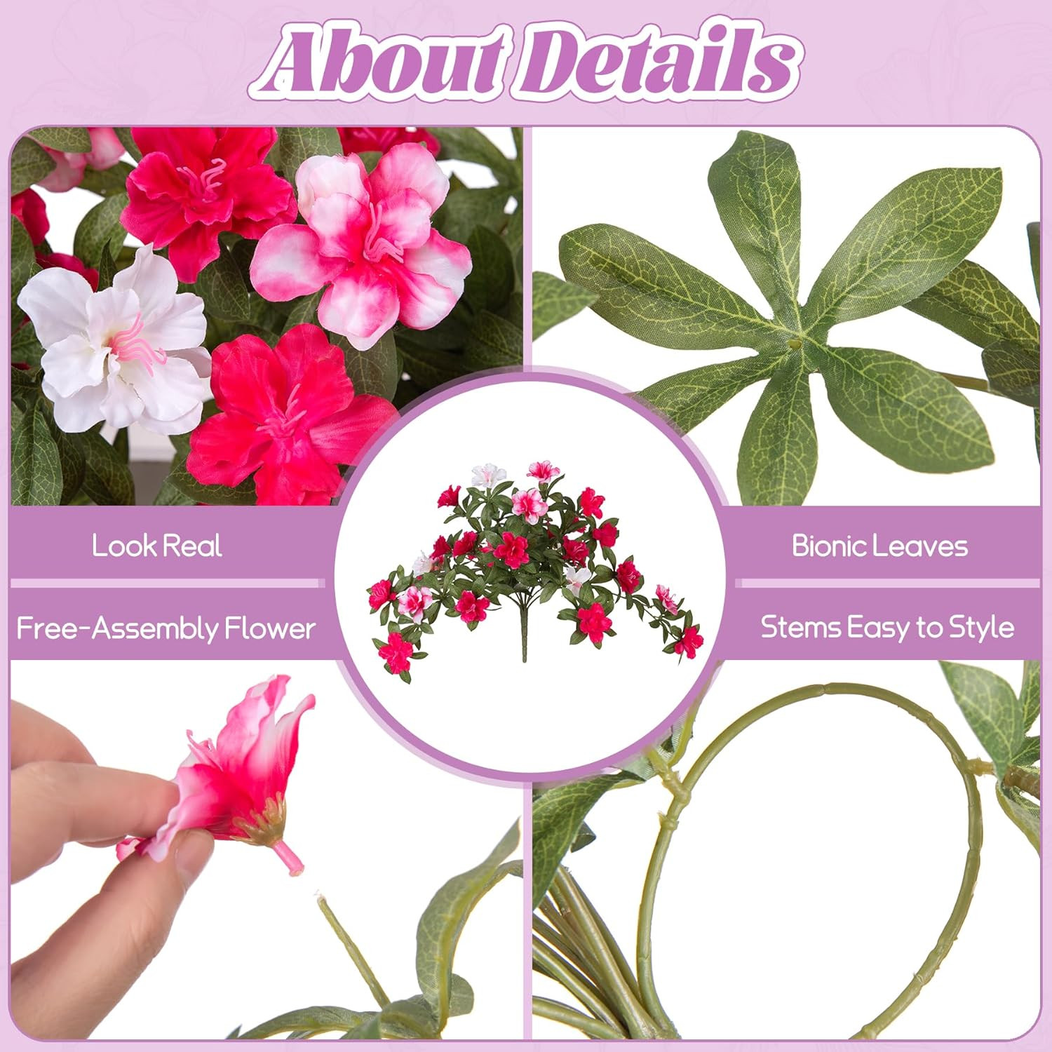Ammyoo Artificial Fake Azalea Flowers for Outdoor Spring Decoration, Faux Silk F