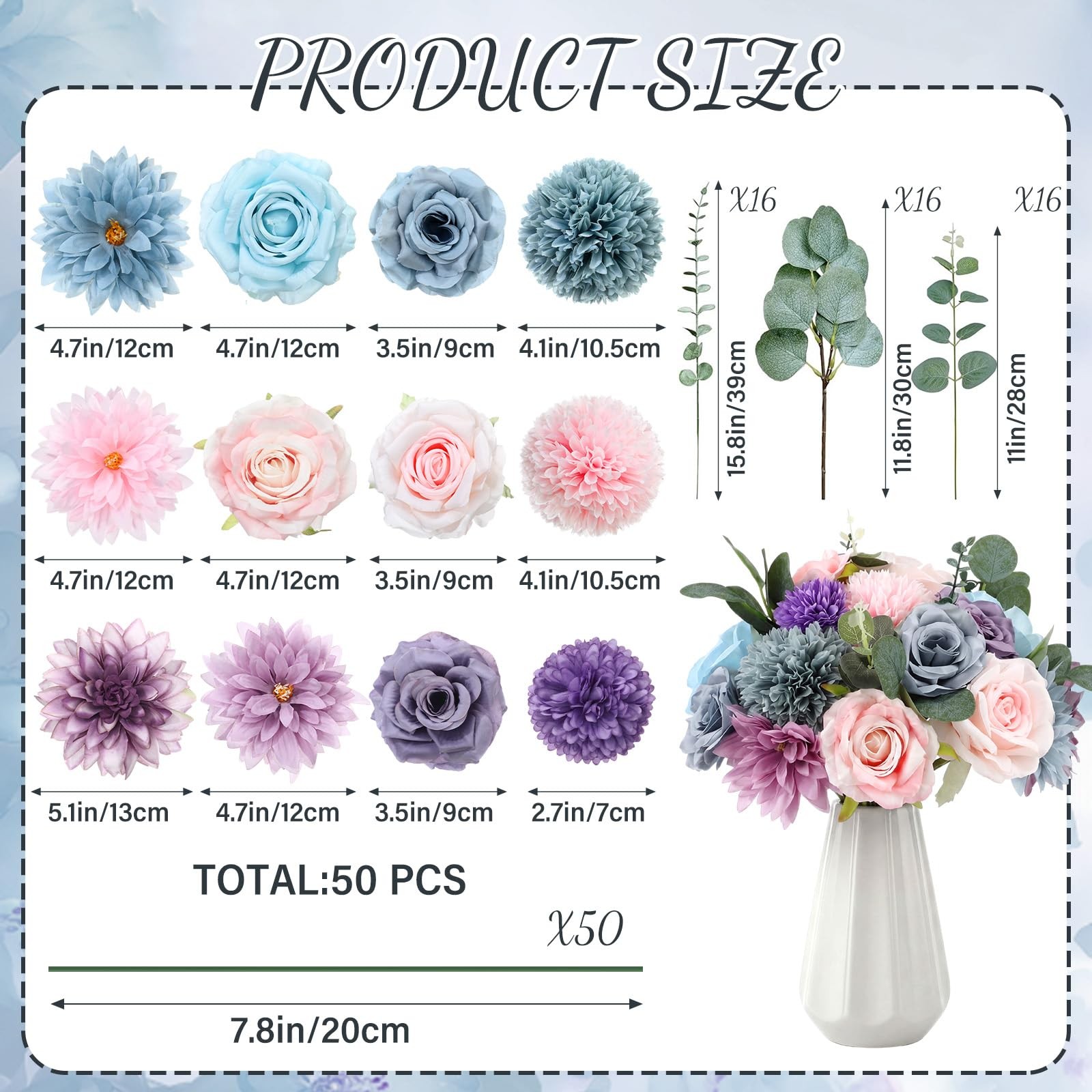 98 Pcs Artificial Flowers Bouquet Assorted Faux Flowers Heads with Stem Eucal…