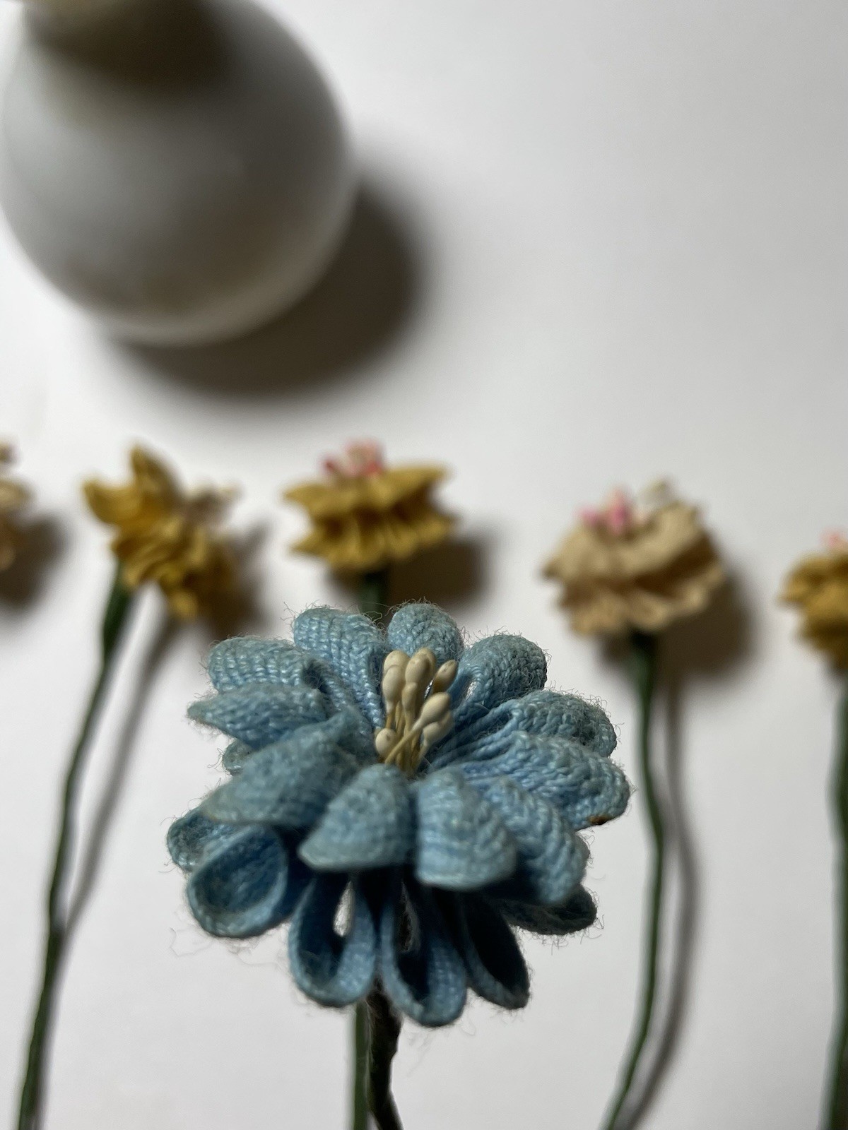Cloth Flowers and White Ceramic Vase Miniature Decor Made in Japan 4”
