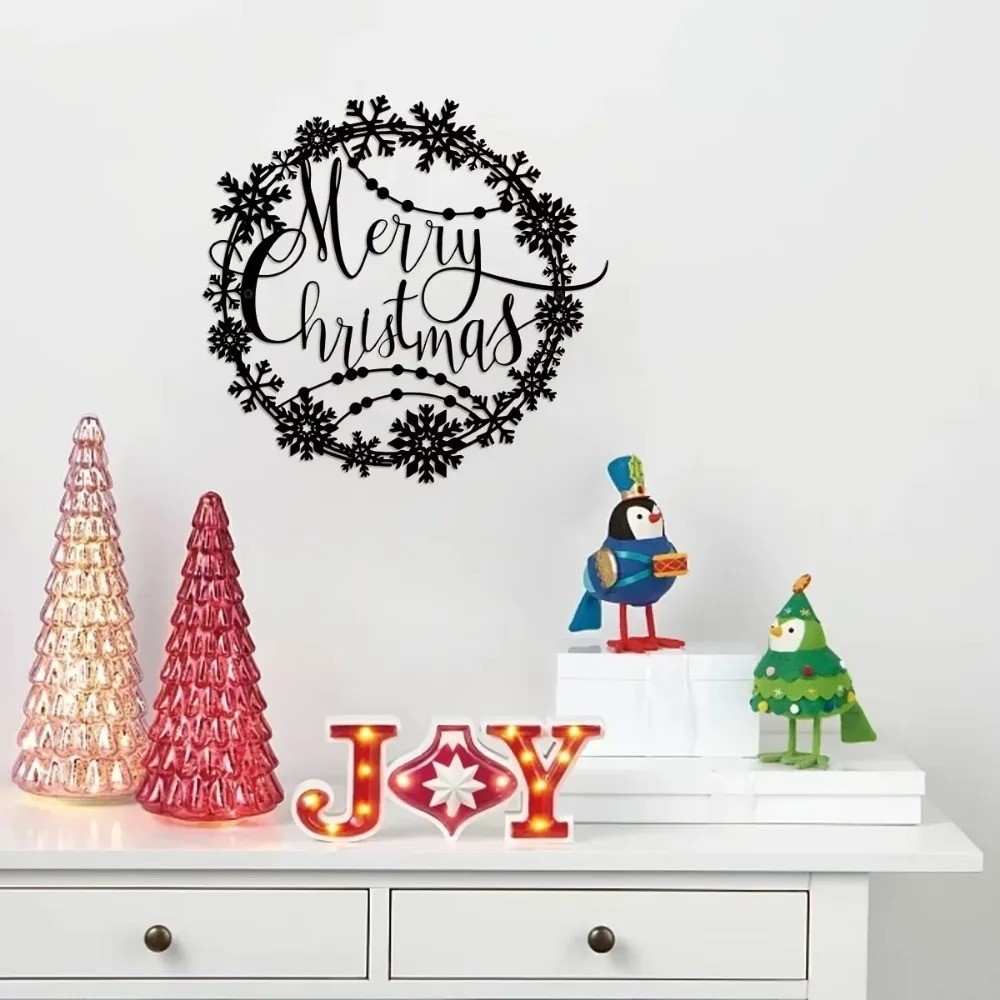 Merry Christmas Round Metal Wall Art – Festive Lettering Logo for Home Decor