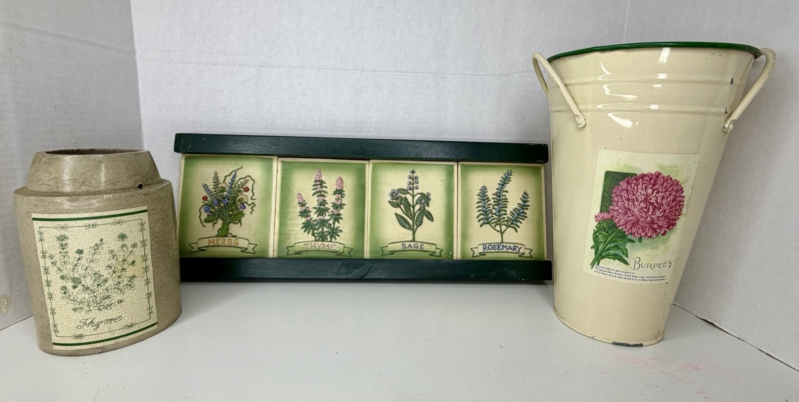 Set of Garden Wood Plaque w/ Herb Tiles Metal Vase Trash Can & Herb Crock