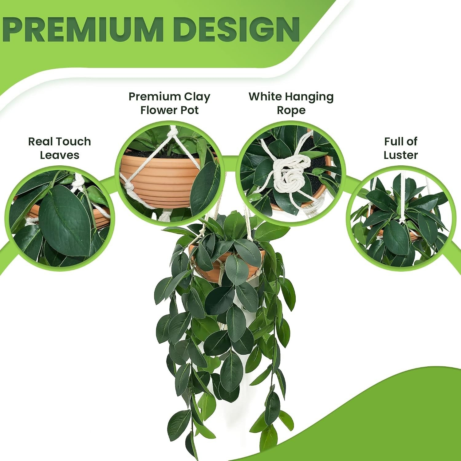 Washable 30” Hanging Plant with Flexible Stems in Elegant Clay Pot – Home Decor