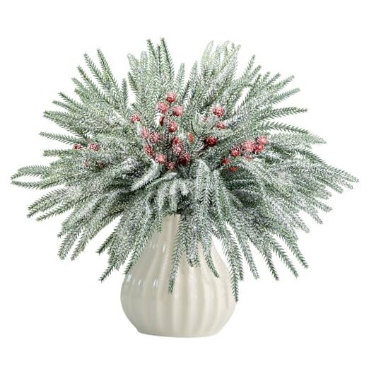 Christmas Snow Norfolk Pine Branches with Red Berry Stems, 60 Pcs Snowy B Style