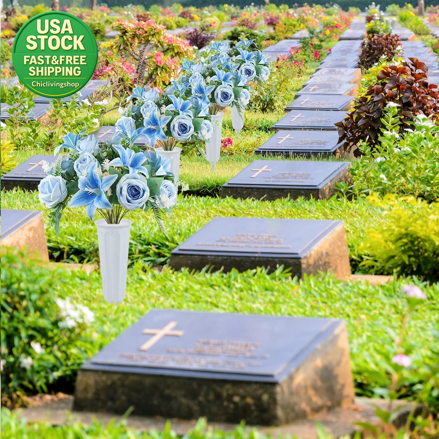 Artificial Cemetery Flowers 2 Set Lilies Roses Mixed Blue Silk with Vases